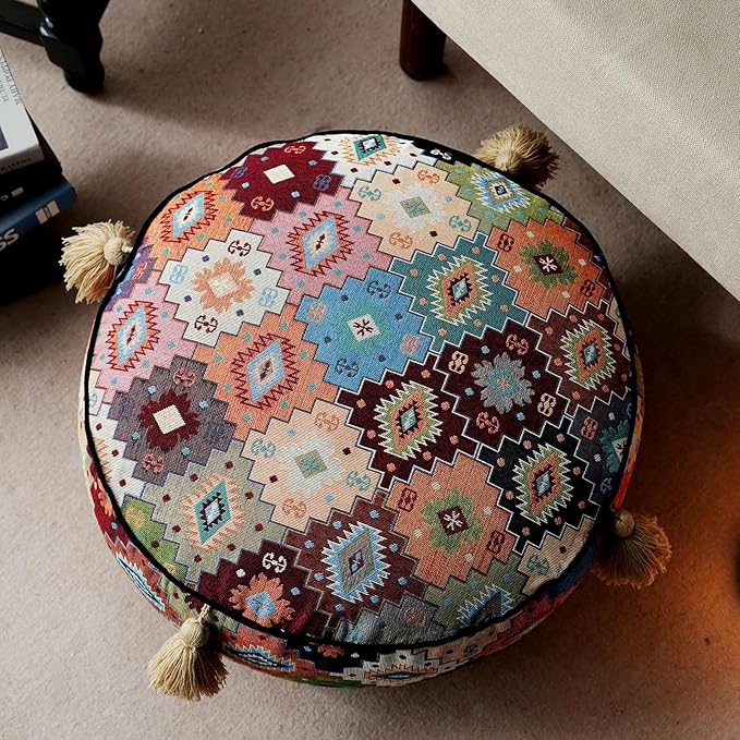 Boho Unstuffed Pouf Cover Ottoman Footrest Indian Mexcian Foot Stool Floor Bean Bag Floor Chair Storage for Living Room Bedroom Decor (Boho Plaid, Round)