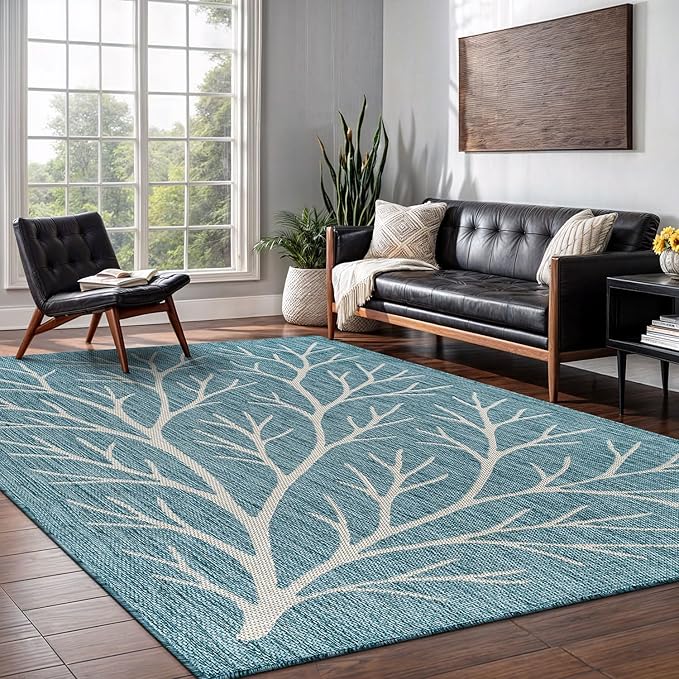 Washable Indoor Outdoor Rug 5x7 Modern Area Rugs Branch Pattern Non Shedding Waterproof Easy Clean Patio Deck Porch Living Room Bedroom Garden RV (5 X 7 Aqua)