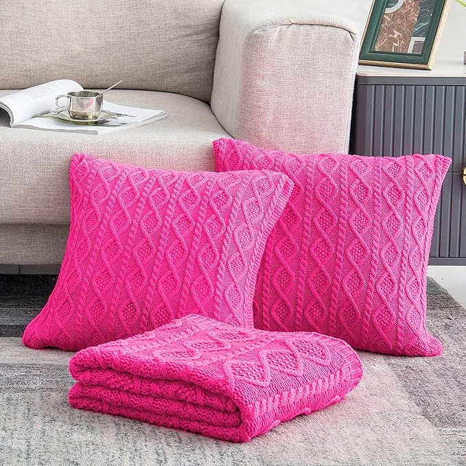 Homiest Hot Pink Cable Knit Throw Blanket Set of 3, 50"x60" Blanket & 2x18"x18" Pillow Covers, Soft & Cozy Acrylic Blanket for Couch, Bed, Sofa