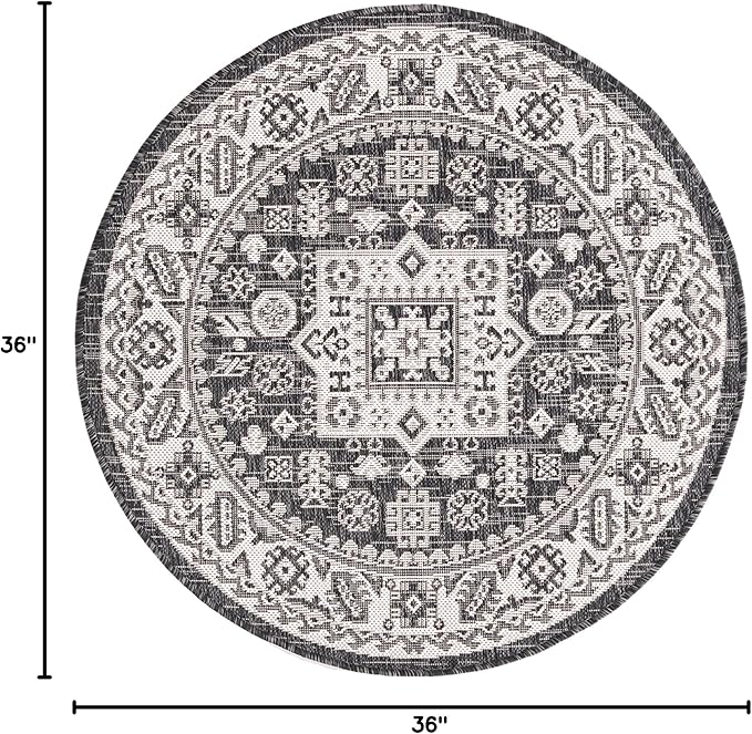 Rugs.com Outdoor Aztec Collection Rug – 3 Ft Round Charcoal Gray Flatweave Rug Perfect for Kitchens, Dining Rooms