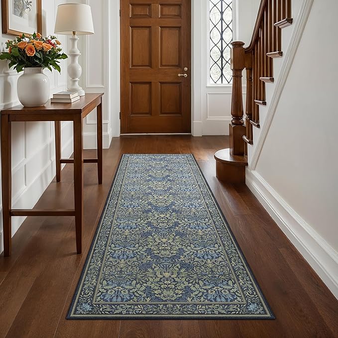 GENIMO Floral Washable Runner Rug 2’6”x8’, Non-Slip Long Hallway Carpet for Entryway, Kitchen, Indoor Floor Use, Vintage Boho Soft Thin Rug Décor, Dark Blue