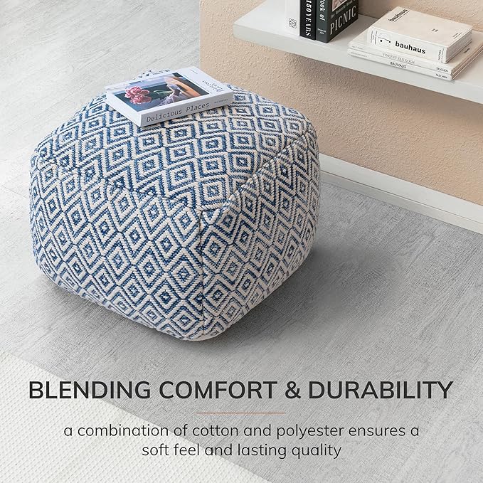 Anji Mountain Pouf Ottoman Foot Rest, Handmade Ottoman Pouf, Comfortable Foot Stool, Decorative Floor Seating for Living Room Decor, Bedroom & Home Décor Accent - Aegean