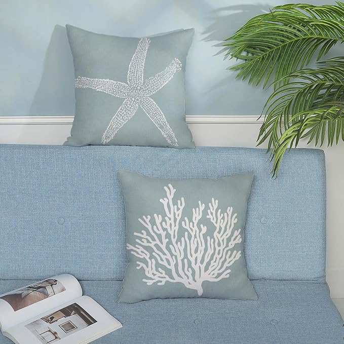 Coastal Pillow Covers 18x18 Inch Set of 2 Blue Coral Starfish Throw Pillows Nautical Ocean Decorations Summer Linen Beach Pillowcase Outdoor Decor Farmhouse Cushion Case for Home Living Room