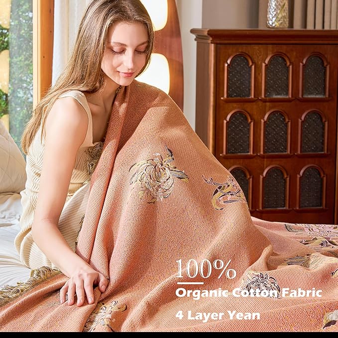Boho Throw Blanket 60" x 80", 100% Organic Cotton Breathable Skin-Friendly Ultra Soft Bed Quilt Throw - Floral Rustic Decor Luxury Reversible Blanket for Sofa Couch Chair and Gift,