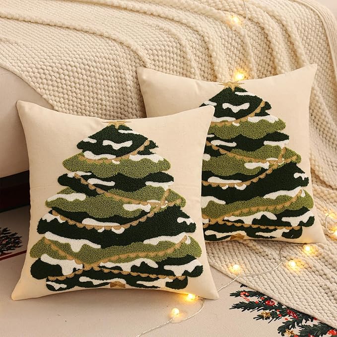 Tosleo Christmas Tufted Pillow Covers 18 x 18 inch Set of 2 Green Xmas Tree with Gold Star Throw Pillow Cover Party Decor Winter Holiday Embroidery Cushion Case for Sofa Couch Bed Living Room