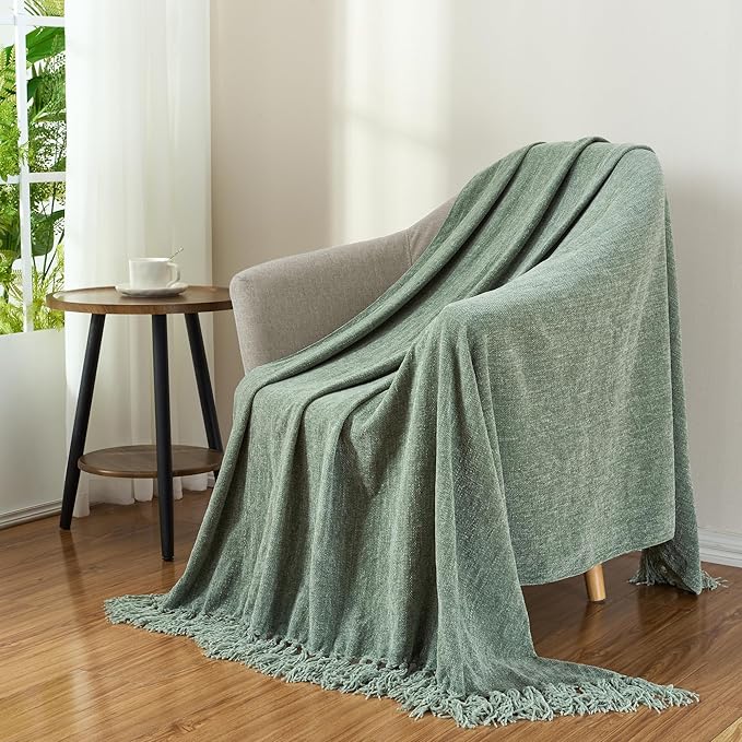 Chenille Throw Blanket for Couch with Tassels,60"X80" Soft Cozy Lightweight Knitted Boho Decorative Blankets for Bed and Sofa,Light Green