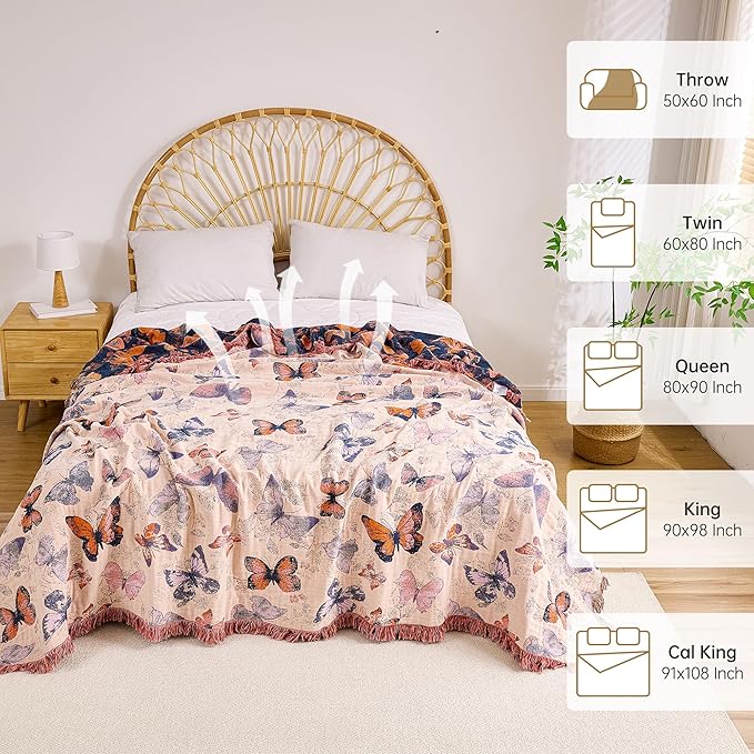 Boho Throw Blanket, 100% Organic Cotton Breathable Ultra Soft 60" x 80" Bed Quilt Throw - All Season Floral Rustic Farmhouse Decor Luxury Reversible Blanket for Sofa Couch Chair and Gift