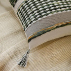 Set of 2 Boho Pillow Covers with Tassels Olive Green 18x18 Inch Farmhouse Decorative Chenille Tufted Striped Throw Pillow Covers, Neutral Accent Square Pillowcase for Couch Bed Living Room