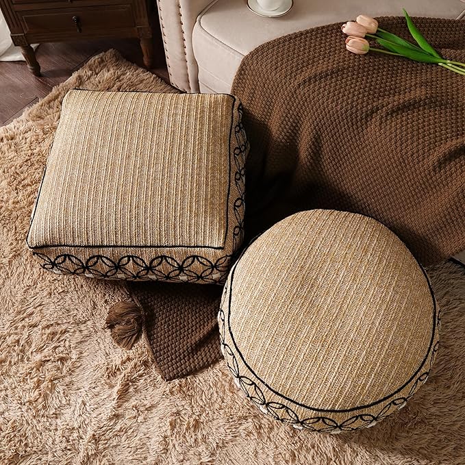 SUTAVIA Pouf Cover Ottoman Unstuffed Pouf Seat Footrest Decorative Storage Bean Bag Floor Chair for Home Decor Living Room Bedroom (Linen Decor, Square, 20" D x 20" W x 8" H)