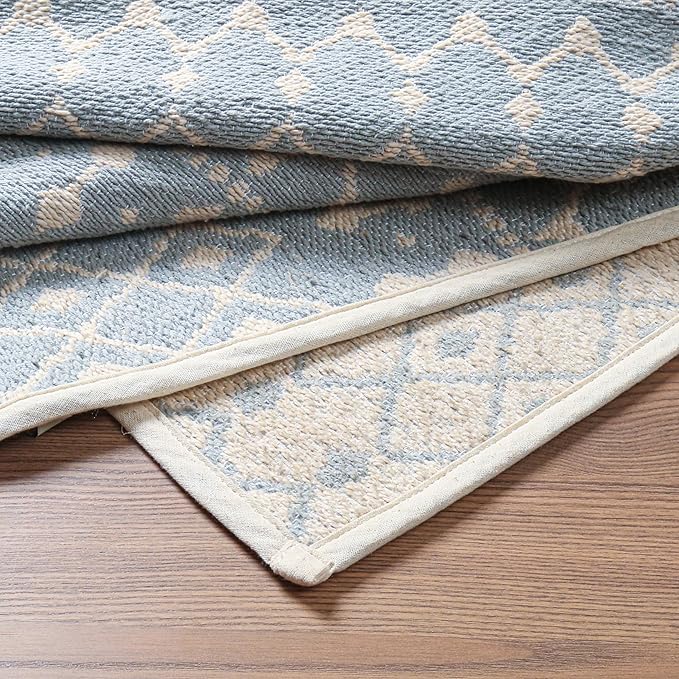 Cotton Morroccan Area Runner Rug 27x45 Inches - Spa Blue, Non Slip Washable Boho Woven Runners Ideal for Hallways, Kitchen, Bedroom, Laundry Room | Farmhouse Blue Decorative Floor Mats for Balcony
