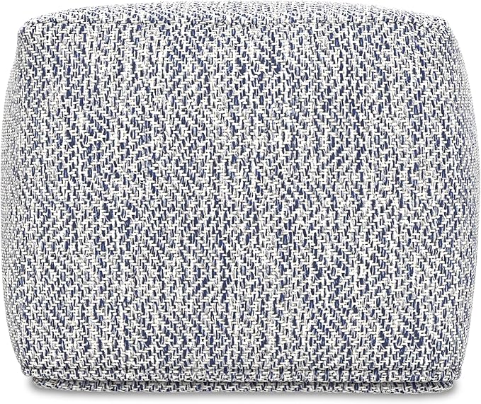 SIMPLIHOME Nate Square Pouf - 18 inch Wide Upholstered Handwoven Cotton Ottoman in Denim Melange, Boho Footstool or Extra Seating for Living Room or Bedroom with Polystyrene EPS Beads, Assembled