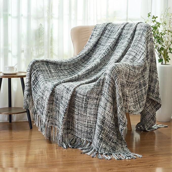 Multi-Color Grey Cable Woven Throw Blanket for Couch,60"X80" Boho Style Textured Blankets for Home Decor,Super Soft Warm Cozy Chunky Blanket with Decorative Tassels for Bed and Sofa