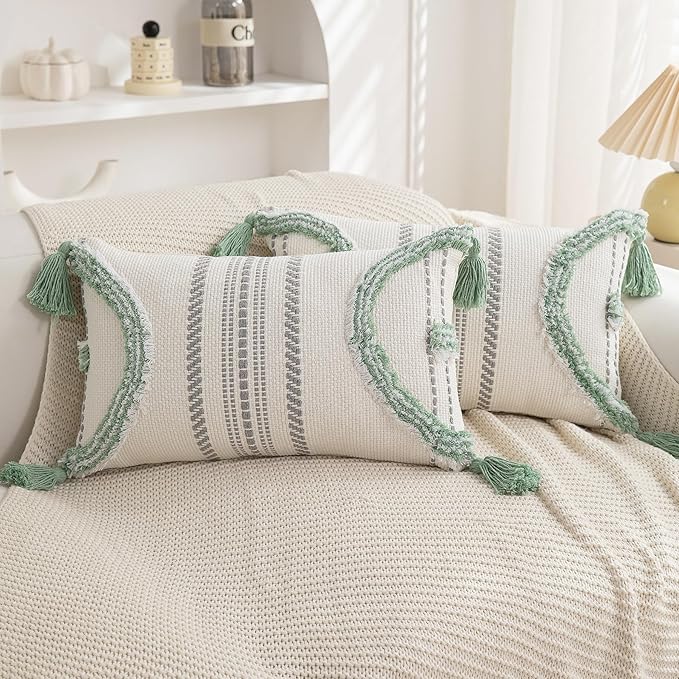 Boho Throw Pillow Covers 12x20 Set of 2 Cotton Woven Tufted Farmhouse Lumbar Pillows Covers with Tassels Outdoor Neutral Decorative Pillowcases Rectangle Textured Accent Cushion for Couch Bed Sofa