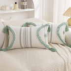 Boho Throw Pillow Covers 12x20 Set of 2 Cotton Woven Tufted Farmhouse Lumbar Pillows Covers with Tassels Outdoor Neutral Decorative Pillowcases Rectangle Textured Accent Cushion for Couch Bed Sofa