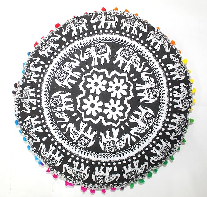 CRAFT KALA Large Round Bohemian Floor Pillow Pouf Cover Mandala Meditation Room Pillow Cover for Adults Boho Seating Poufs Cushion Cover for Kids Playroom 32" Round Black Elephant