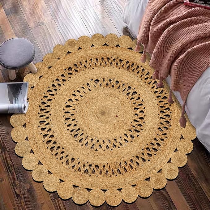 Hand Woven Braided Jute Rug - 4' Round - Reversible Farmhouse Rugs for Living Room, Bedroom, Dining Room, Kitchen - Natural Decorative Floor Circle Boho Entry Area Rugs - Round Rug 4ft