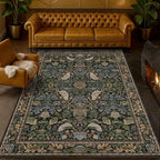 Vintage Floral Area Rug 5x7 for Living Room - Dark Green Forest Bird Rugs for Bedroom, Dining Room, Office, Non Slip Stain Resistant Low Pile