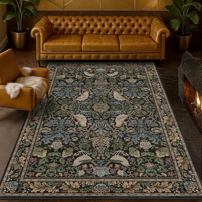 Vintage Floral Area Rug 5x7 for Living Room - Dark Green Forest Bird Rugs for Bedroom, Dining Room, Office, Non Slip Stain Resistant Low Pile
