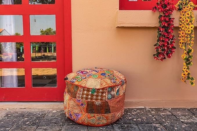 THE ART BOX Cotton Patchwork Vintage Embroidered Pouf Cover – Ottoman Stool Seat Cover, Decorative Floor Cushion for Home Décor (14x22 Inches, Cover Only)