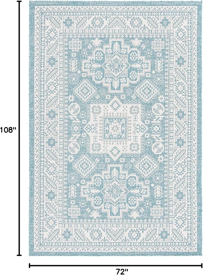 Rugs.com Outdoor Aztec Collection Rug – 6' x 9' Aqua Flatweave Rug Perfect for Living Rooms, Large Dining Rooms, Open Floorplans