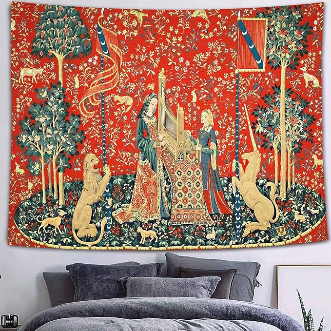 FEASRT Medieval French Art Tapestry - Maiden and Unicorn - European Royal Princess - Wall Hanging for 80x60 inch Bedroom & Living Room Decor