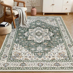 6x9 Area Rugs Living Room Rug: Washable Vintage Boho Medallion Rug No Slip Stain Resistant Soft Carpet Indoor Large Carpets for Bedroom Dining Room Farmhouse Nursery Hallway Home Office Green Ivory