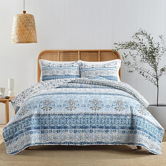 HORIMOTE HOME Boho Quilt Twin Size Blue Bohemian Floral Quilt Bedding Set, Soft Lightweight Twin Comforter for All Season, Farmhouse Bedspread Coverlet with 1 Pillow Sham, 68 x 86 inches