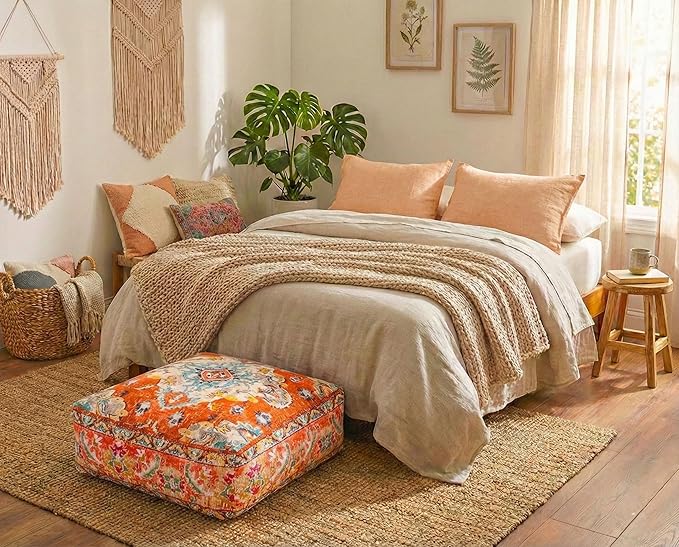 Mandala Life ART Large Yoga Décor Bean Bag Cover Orange Boho Chic Orange Decorative Floor Cushion Moroccan Seating Area Perfect for Living Room, Bedroom, Nursary or Children Room Unstuffed