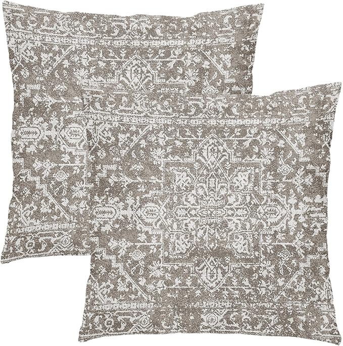 Taupe Gray Ethnic Boho Throw Pillow Covers 16x16 Inch Decorative Square Bohemian Carpet Pattern Vintage Pillow Cases Grey Floral Cushion Covers Farmhouse Home Decor For Sofa Couch Outdoor Set of 2