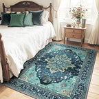 Area Rugs 5'x7' Washable Non-Slip, Floral Vintage Distress Print Pattern Medallion Carpet for Living Room Bedroom Dining Room, Teal Green Lake Blue Turquoise