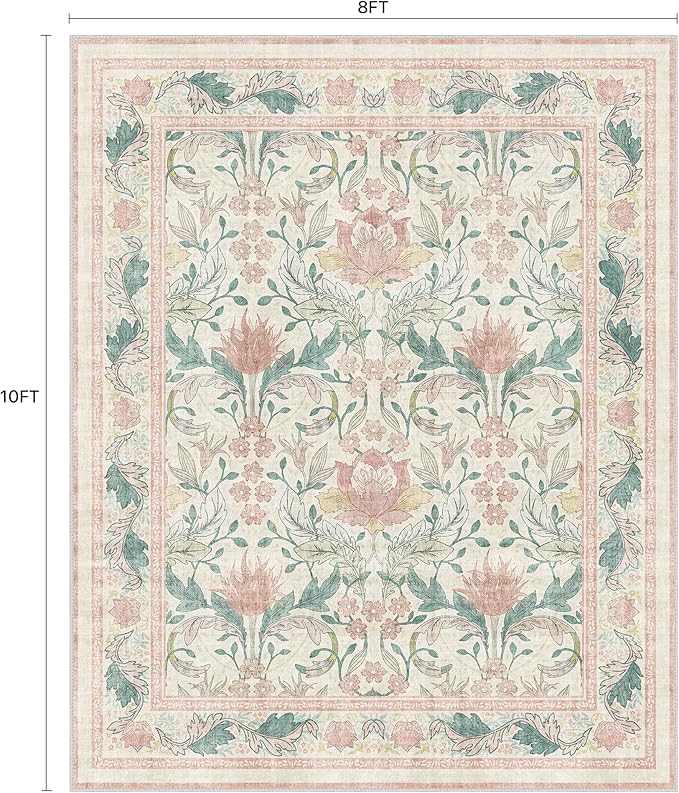 Bavni 8x10 Area Rugs for Living Room, Microfiber Machine Washable Non-Slip Vintage Floral Rug, Low Pile Lightweight Carpet for Bedroom, Dining Room, Home Office, Beige&Pink