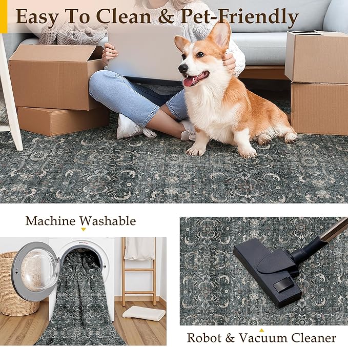 HUGEAR Area Rug 8x10 Vintage Black Machine Washable Living Room Rugs Distressed Retro Floral Vacuumable Low Pile Carpet Bedroom Office Dining Room Laundry Room Non Slip Soft Lightweight