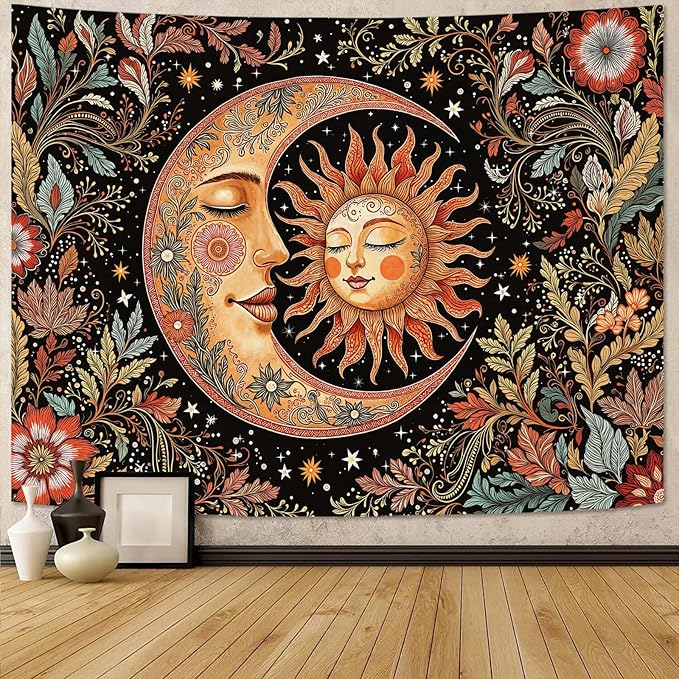 Accnicc Vintage Sun and Moon Tapestry Boho Hippie Floral Wall Tapestry for Bedroom Aesthetic Brown Celestial Spiritual Botanical Plant Large Tapestries Wall Hanging for Living Room Dorm 80 x 60 Inch