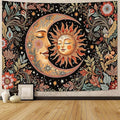 Accnicc Vintage Sun and Moon Tapestry Boho Hippie Floral Wall Tapestry for Bedroom Aesthetic Brown Celestial Spiritual Botanical Plant Large Tapestries Wall Hanging for Living Room Dorm 80 x 60 Inch