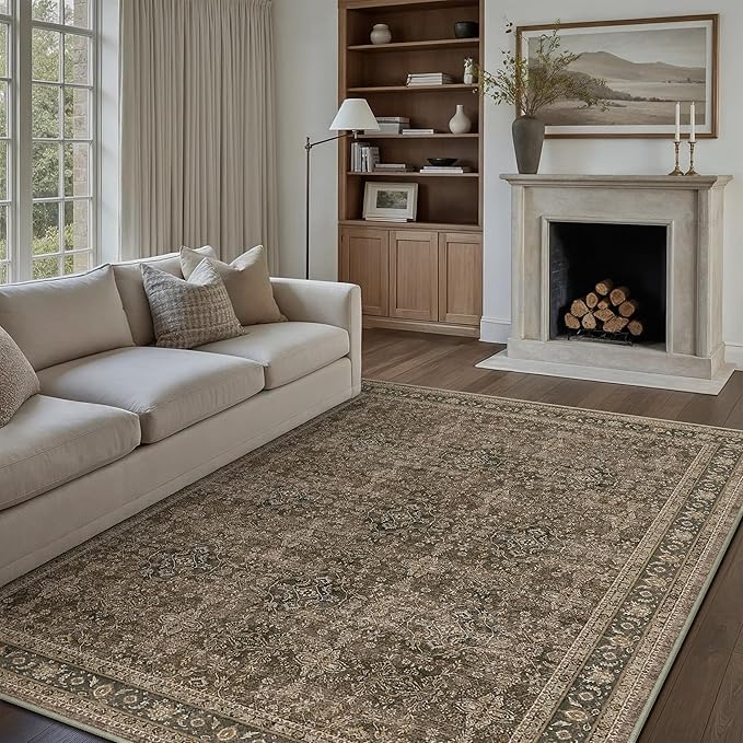 6x9 Area Rug for Living Room Brown Vintage Washable Bedroom Carpet Traditional Distressed Soft Non Slip Indoor Large Accent Rug Retro Thin Low Pile Floor Cover for Dining Room Playroom