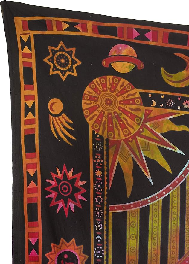 Popular Handicrafts Wall Hanging Tapestry For Bedroom Burning Sun and Moon Hippie Meditation Bohemian Hippy Psychedelic Design Indian Tapestries Bedspread 84 x 90 Inches (215cm x 230cm) Multicolor
