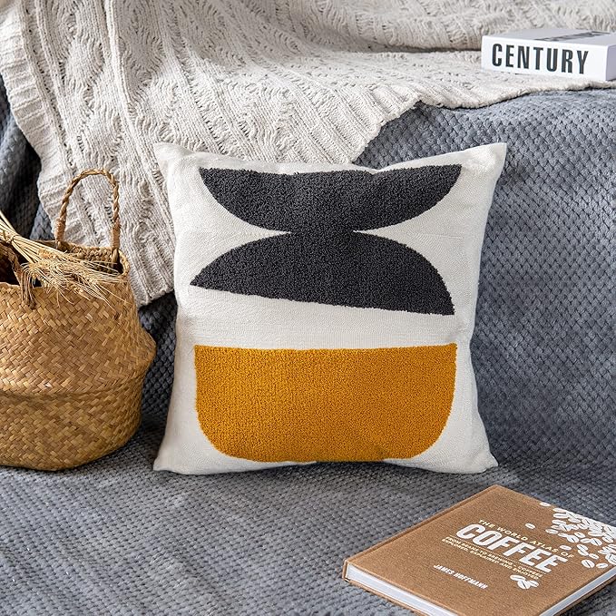 Square Bohemian Decorative Pillow Cover, Abstract Cotton Hand Woven Throw Pillowcase for Boho Bedroom Living Room, Modern Decor Home Cushion Sham 18x18, 1PC(Black Mustard)