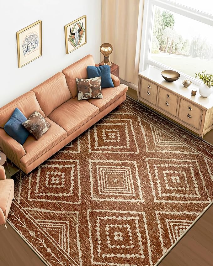 Area Rug 8x10 Rug Machine Washable Non-Slip Low Pile Print Pattern Western Rug for Living Room Bedroom Entryway Tribal Series -Yellowbrown/Cream