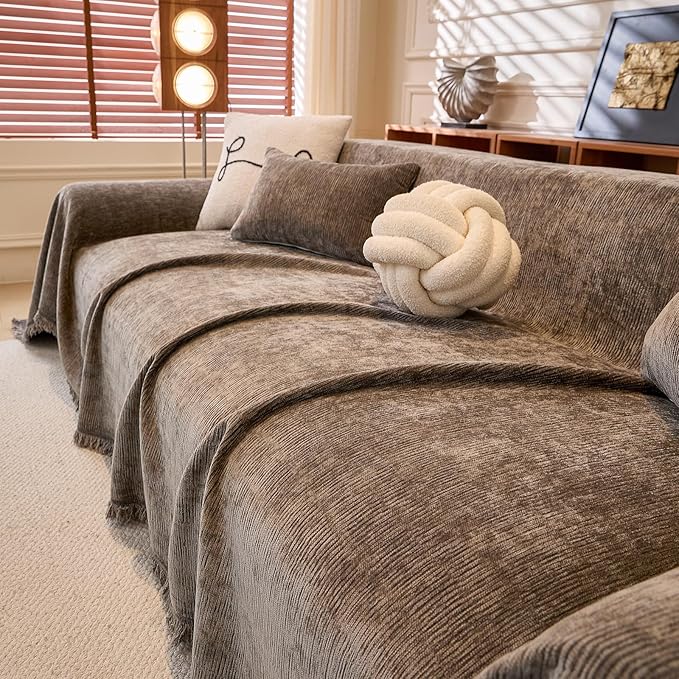 ROOMLIFE Sofa Cover, Boho Couch Cover for 3 Cushion Sofa, Non Slip Chenille Sofa Slipcovers for Dog, Washable Furniture Sofa Protector Cover with Tassel for Living Room, 71''X150”