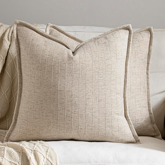 16x16 Linen Pillow Covers Natural Beige Pack of 2 Farmhouse Boho Neutral Accents Striped Textured Square Decorative Throw Pillow Cases for Living Room Couch Bed Home Decor