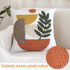 Boho Accent Pillow Covers 18x18- Tufted Abstract Modern Square Throw Pillow Covers, Farmhouse Decorative Pillowcase for Couch, Sofa, Bed, Living Room -Orange Beige Geometric Dark Green Leaf