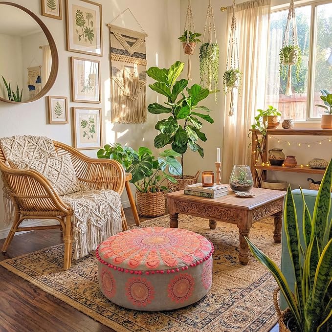 Mandala Life ART Large Boho Pouf Cushion Cover Pink Round Floor Pillow Luxury Kids Room Décor Cotton Pouf Ottoman Cushion for Meditation Yoga and Boho Chic Seating Area Stool Cotton 24x8 Unstuffed