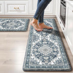 Boho Kitchen Mats for Floor 2 Piece Set Anti Fatigue Cushioned PVC Kitchen Rugs Non Slip Waterproof Farmhouse Mats 2/5 Inch Comfort Standing Mat for Sink, Laundry, 17.3"x59"+17.3"x28", Dark Blue