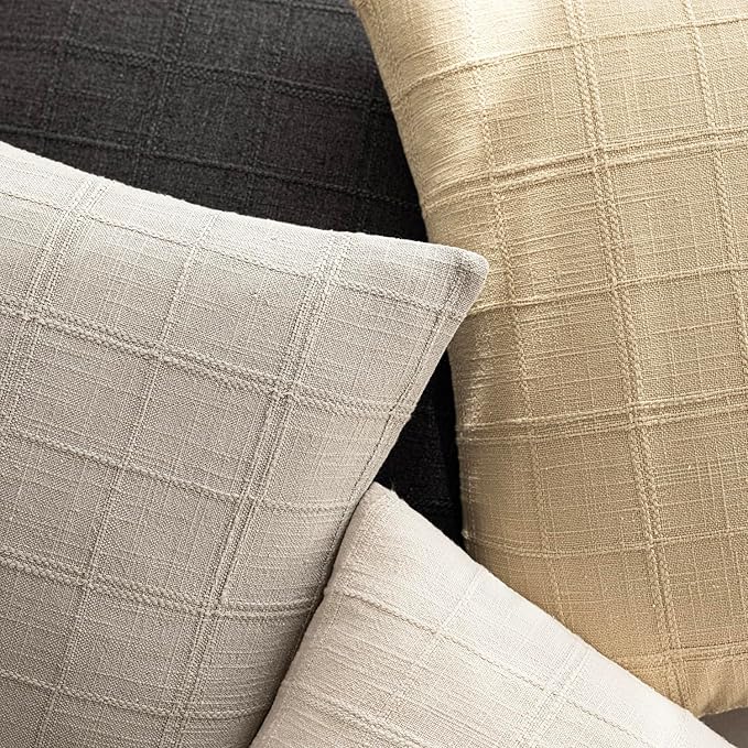 Foindtower Set of 2 Decorative Linen Check Throw Pillow Covers Neutral Farmhouse Vintage Cushion Covers Modern Boho Accent Home Decor for Sofa Chair Couch Bedroom Living Room,26×26 Inch,Light Grey