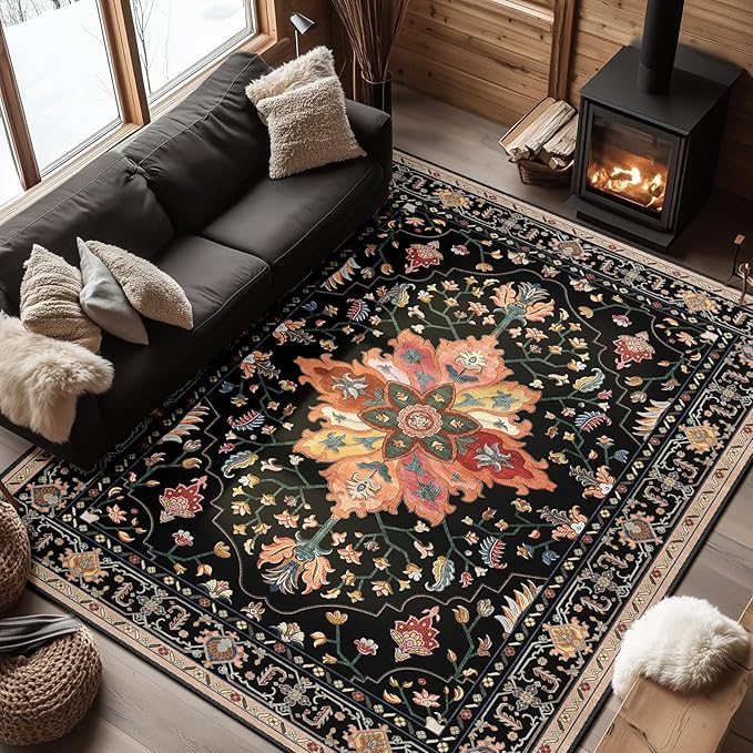 Area Rugs 6'x9' Washable Non-Slip, Floral Vintage Distress Print Pattern Medallion Carpet for Living Room Bedroom Dining Room, Black Colorful Floral Dark Tan