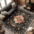 Area Rugs 6'x9' Washable Non-Slip, Floral Vintage Distress Print Pattern Medallion Carpet for Living Room Bedroom Dining Room, Black Colorful Floral Dark Tan