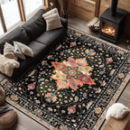Area Rugs 6'x9' Washable Non-Slip, Floral Vintage Distress Print Pattern Medallion Carpet for Living Room Bedroom Dining Room, Black Colorful Floral Dark Tan