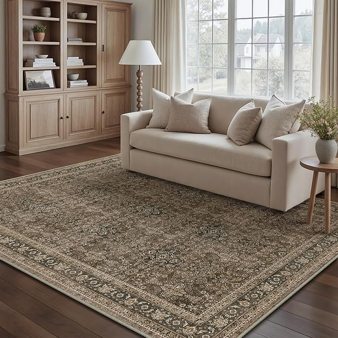 6x9 Area Rug for Living Room Brown Vintage Washable Bedroom Carpet Traditional Distressed Soft Non Slip Indoor Large Accent Rug Retro Thin Low Pile Floor Cover for Dining Room Playroom
