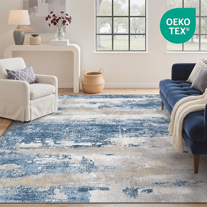 GENIMO No Crease Non Slip 6x9 Area Rugs for Living Room, Craft Woven Modern Rug, Soft Floor Carpet, Single-Piece Rugs for Bedroom, Dining Room, Office, Blue
