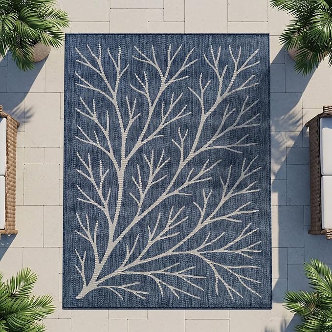 Washable Indoor Outdoor Rug 6x9 Modern Area Rugs Branch Pattern Non Shedding Waterproof Easy Clean Patio Deck Porch Living Room Bedroom Garden RV (6 X 9 Blue)
